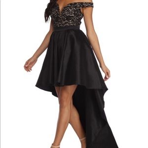 high low black off the shoulder prom/hoco dress